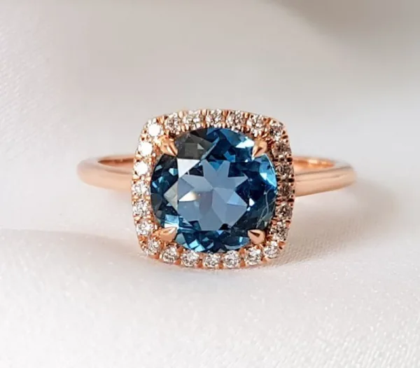 London Blue Topaz Engagement Ring, Blue Topaz & Diamond Halo Ring, December Birthstone Ring, London Blue Topaz Ring Round Cut 8mm